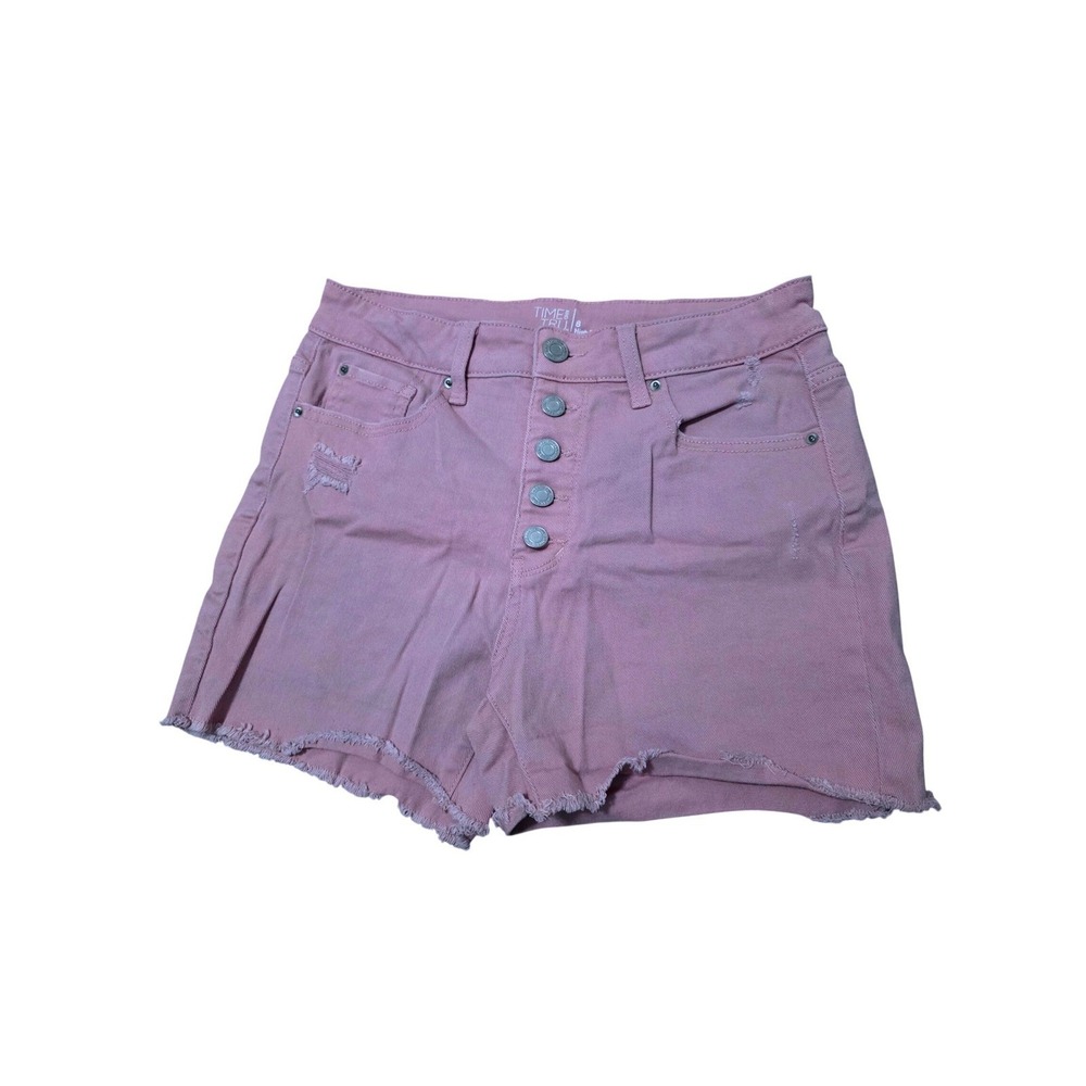 Time and Tru Pink High Rise Button‎ Fly Distressed Denim Shorts Women Size 8 A1